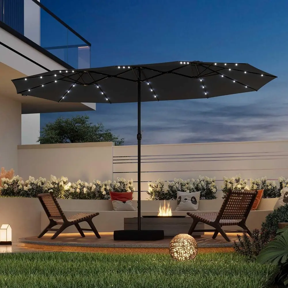 15ft Patio Umbrella with Lights, Large Outdoor Square Table Sun Shade Umbrella with Base