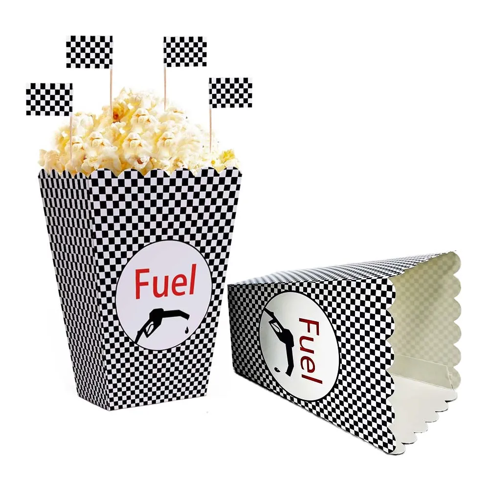 Fuel Race Car Paper Popcorn Boxes Candy Cookie Container Black and White Racing Cake Topper Boy Birthday Party Favors Decoration