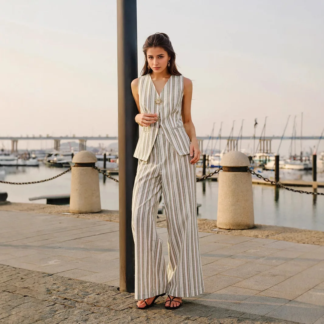 

Two Piece Set Women Outfit 2026 Spring Summer New Fashion Striped Sleeveless V-Neck Vest Top & High Waist Wide Leg Pants Set