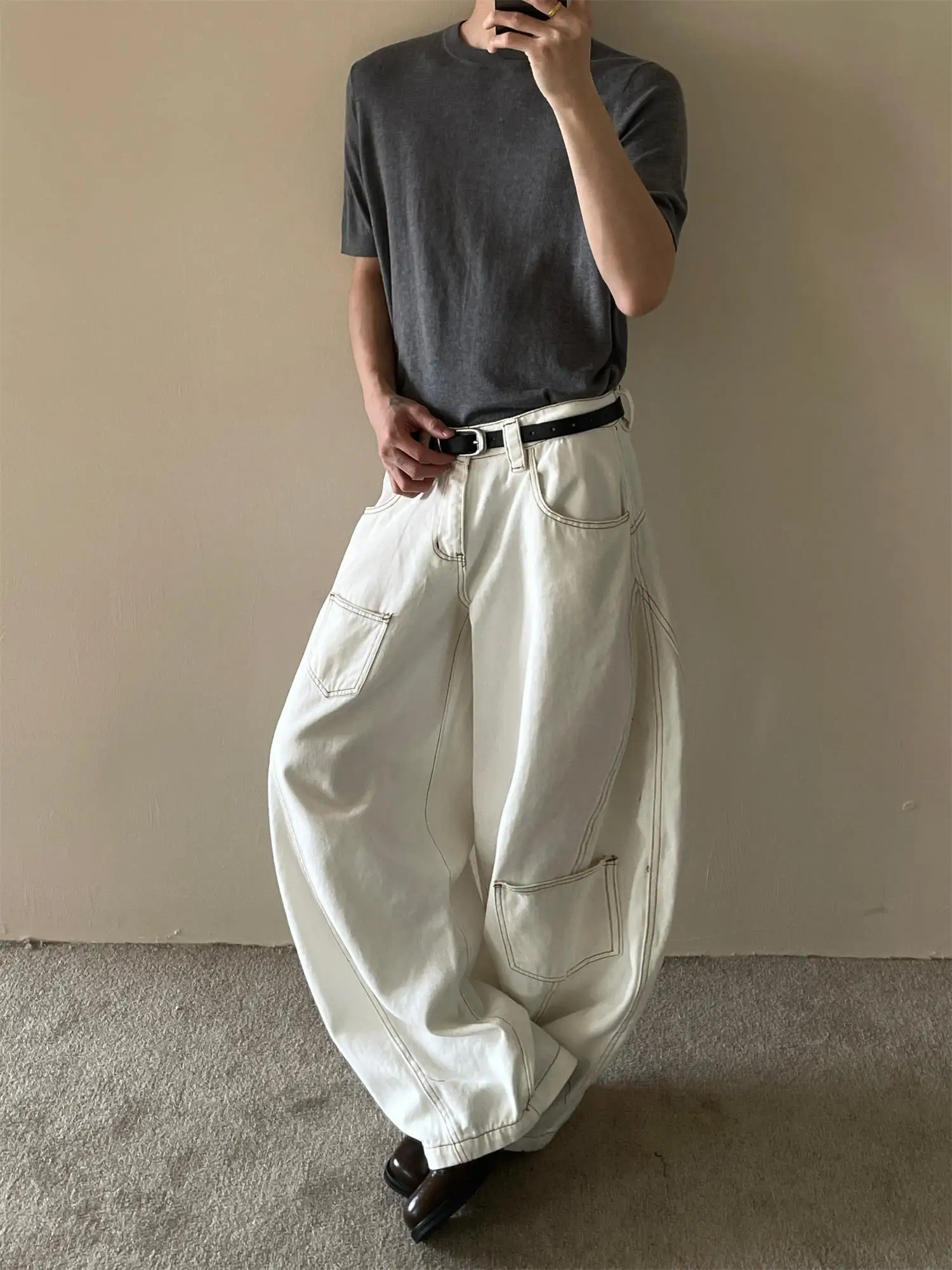 

American Retro Dirt Washed Multi Pocket Wide Leg Knife White Denim Jeans Men's Floor Length Lazy Long Trousers Unisex