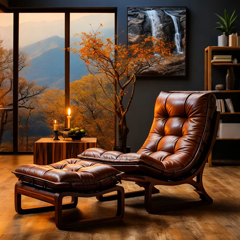 

New Chinese solid wood sofa chair living room leisure chair retro high-end black walnut leather single chair pedal combination