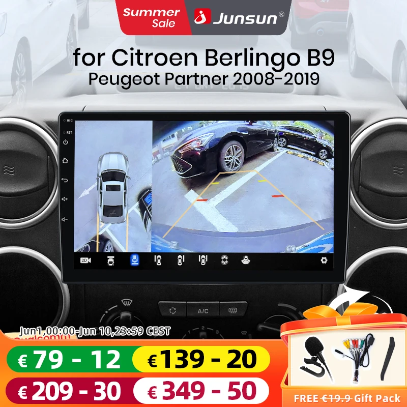 Junsun Qualcomm 8 cœurs 360 caméra CarPlay Android Auto autoradio pour citroën Berlingo B9 Peugeot Partner 2008 - 2019