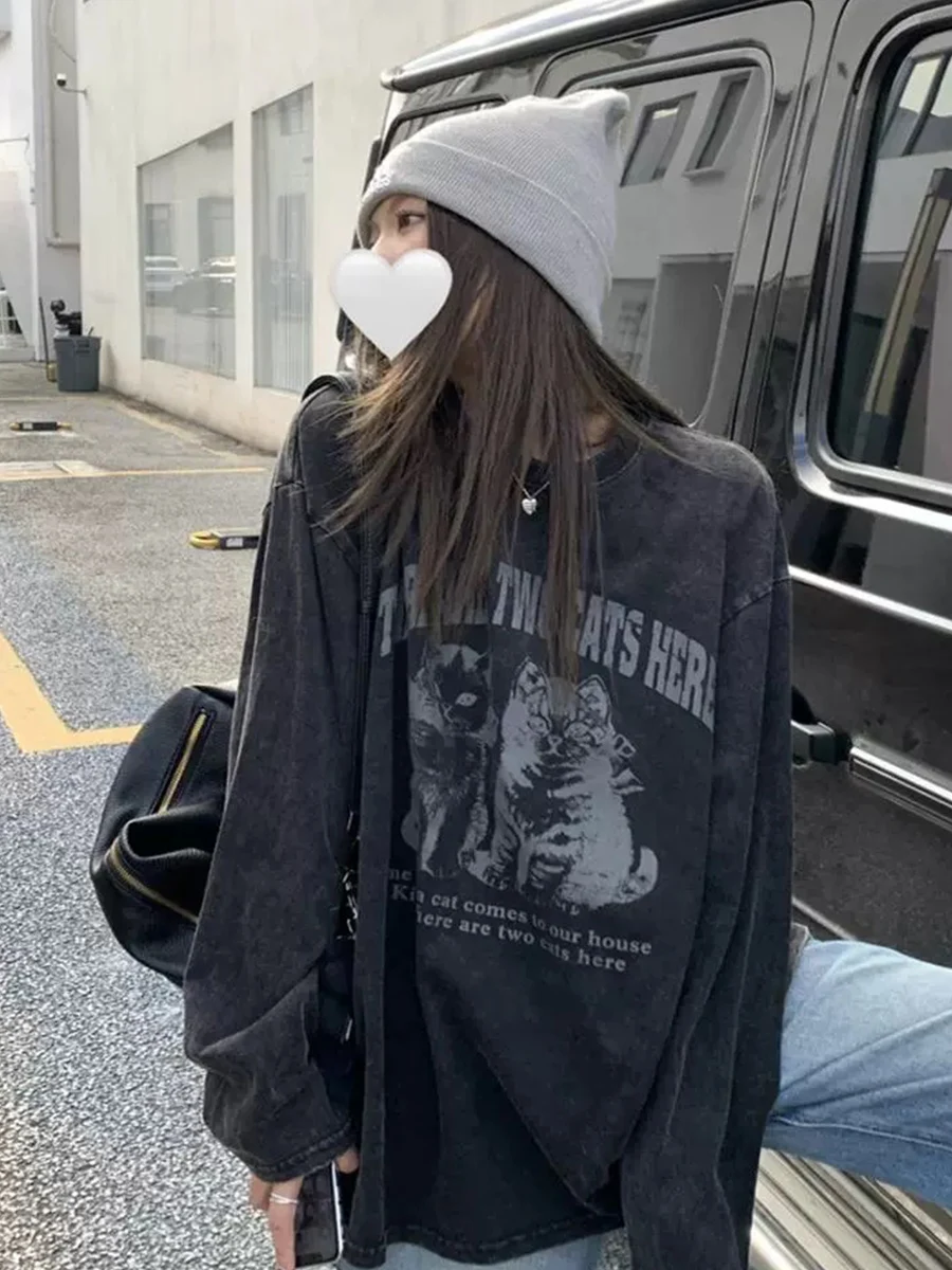 Waed Cotton Long Sve T-irt Women's Spring Autumn Loose Overhead Design Sensation Small Ins Trend  Print Vintage Sle