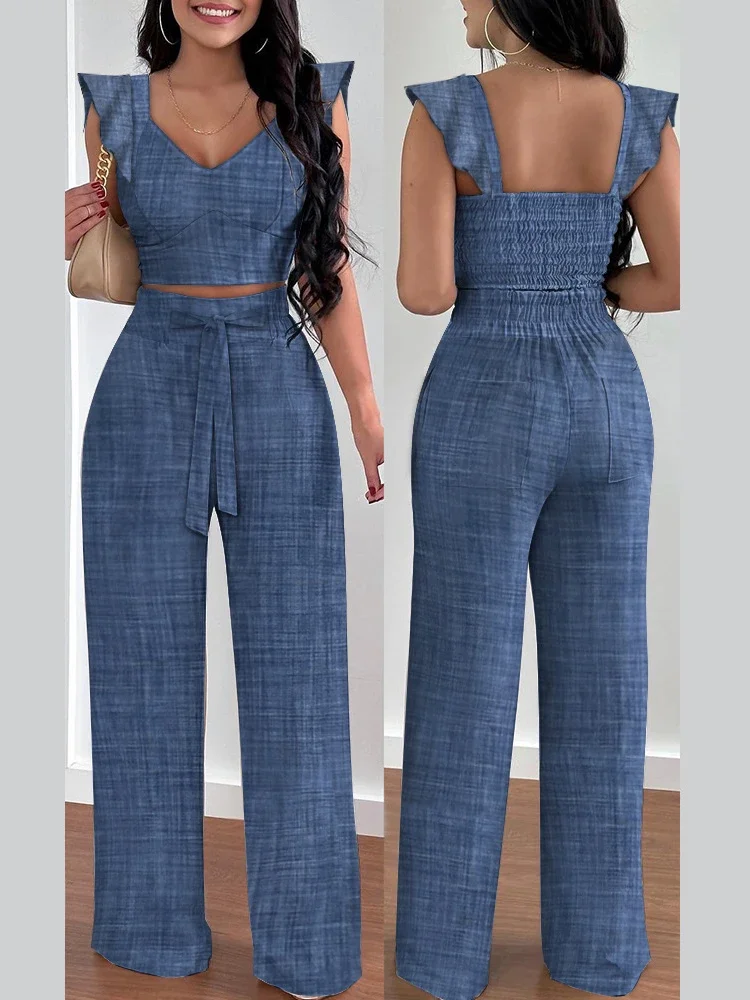 Summer Casual Clothes Women Elegance 2 Pieces Sets Suits Solid Ruffle Hem Shirred Crop Top & High Waist Pants Set Black Blue