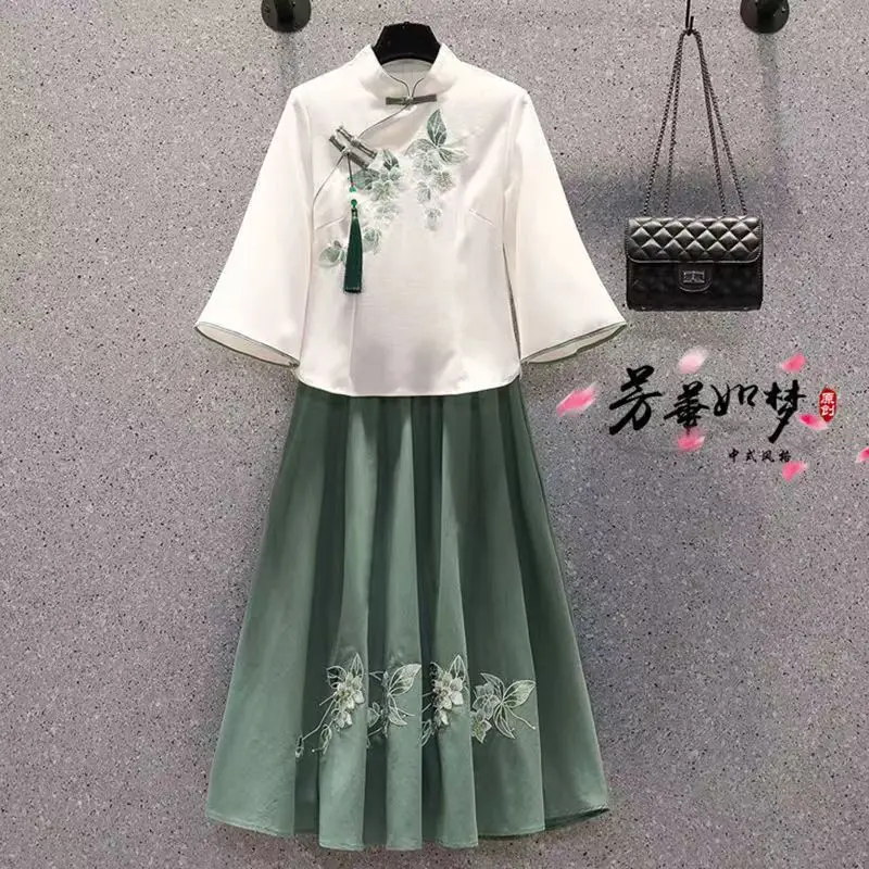 Oversized Women\'s Summer Butterfly Sweet Chinese Suit Embroidered Top Suit Hanfu Blouse Skirt Two-piece Set Large Size