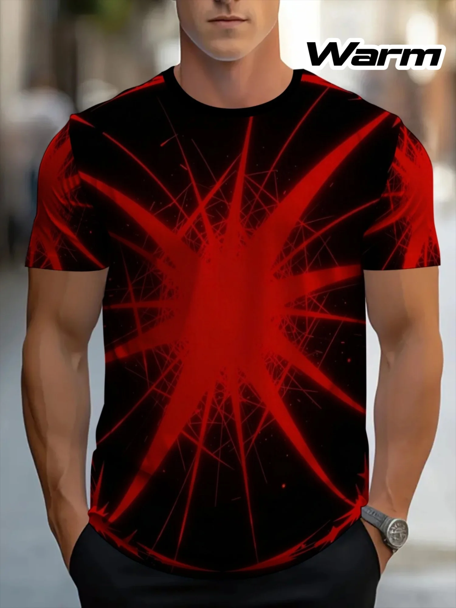 Men Red Radial Line Abstract Print Crew Neck T Shirt Black Background Short Sleeve Street Casual Tops