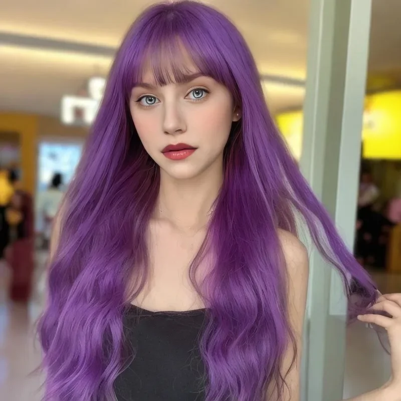 

Wig Long Water Wave purple Synthetic Wigs for Women Wavy Natural Hair Wigs with Long Bangs Cosplay Party Wig Heat Resistant