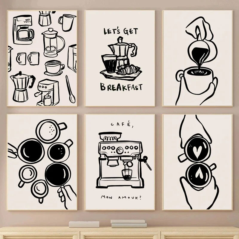 Retro Simple Abstract Black and White Coffee Cafe Poster Canvas Paint Prints Art Pictures Room Home Coffee Shop Wall Decor Gift