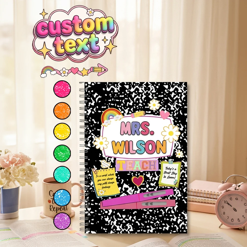 Personalized Custom Text Teacher Spiral Notebook,Marble Cartoon Pattern Journal,7 Colors Personalized Office School Notebook