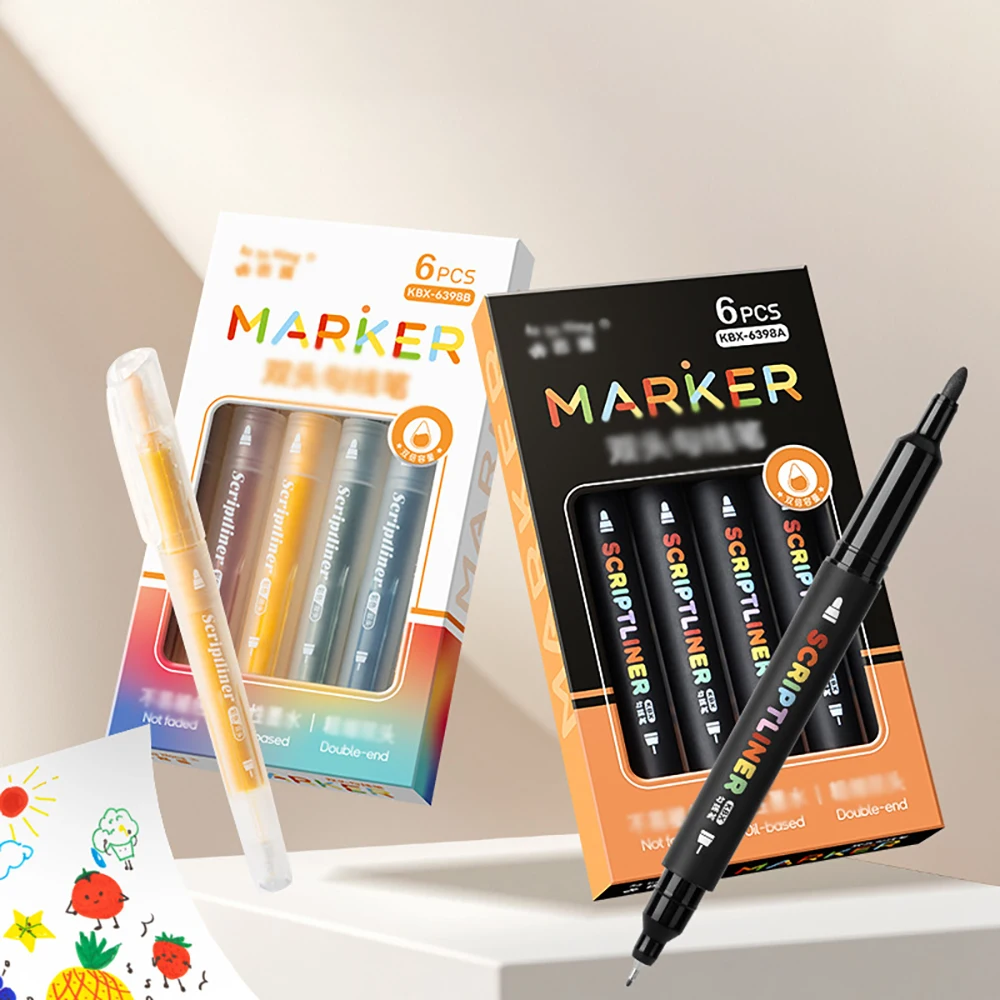 6 قطع من قلم تدوين الخطاف ذو الرأس المزدوج باللون الأسود/اللون للفن، فرشاة رسم سريعة الجفاف تعتمد على الماء