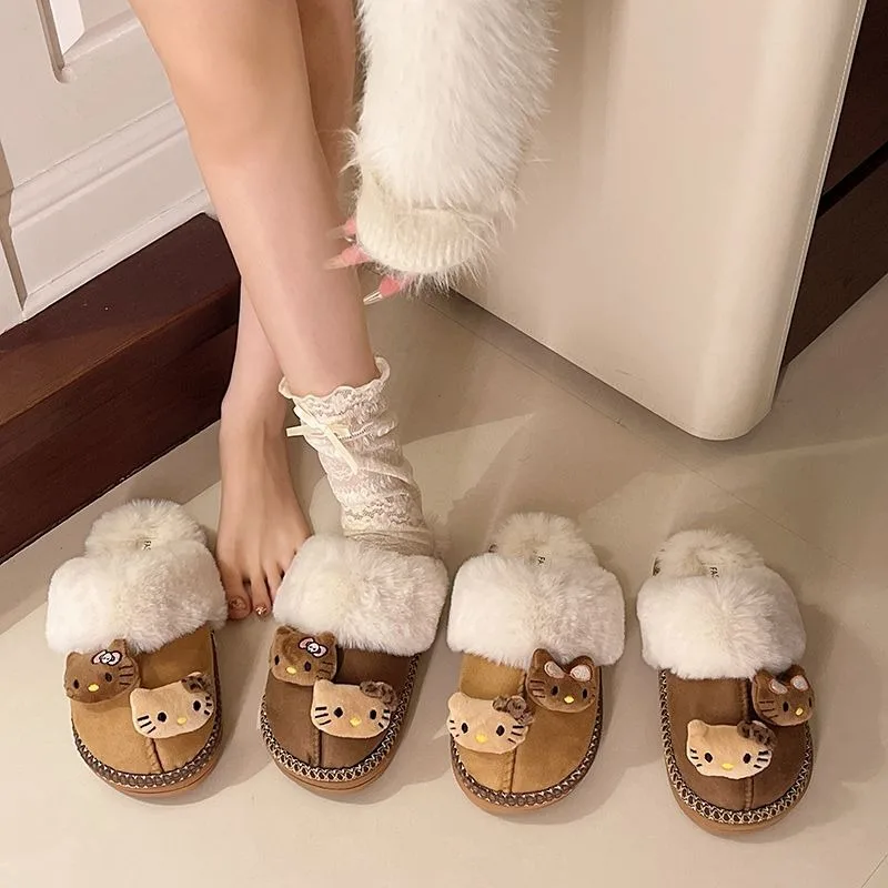 

Sanrio Hello Kitty Winter Plush Outer Cotton Shoes Cute Cartoon Warm Plus Velvet Thick-soled Non-slip Indoor Slippers for Woman