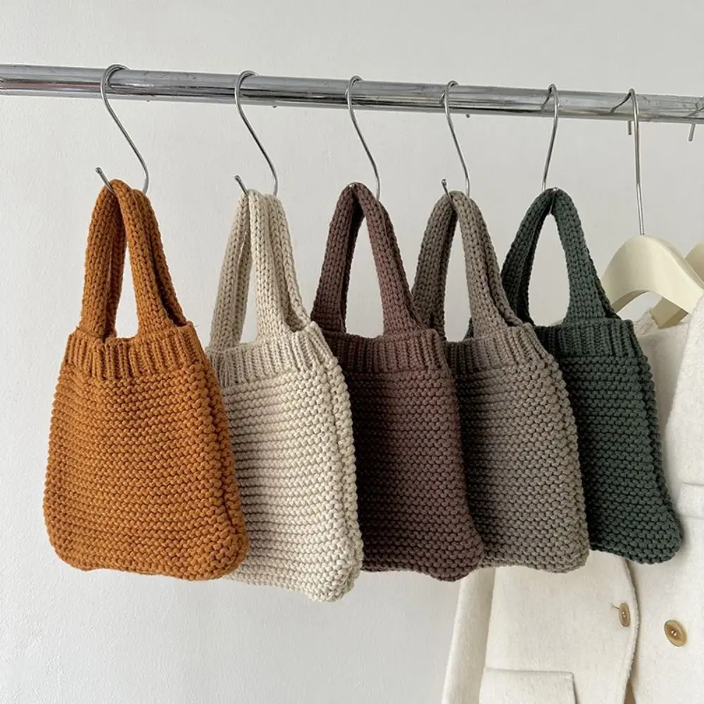 Solid Color Hand-woven Bag New Knit High-capacity Wool Knitting Shoulder Bags Tote Bag Mid-autumn Festival