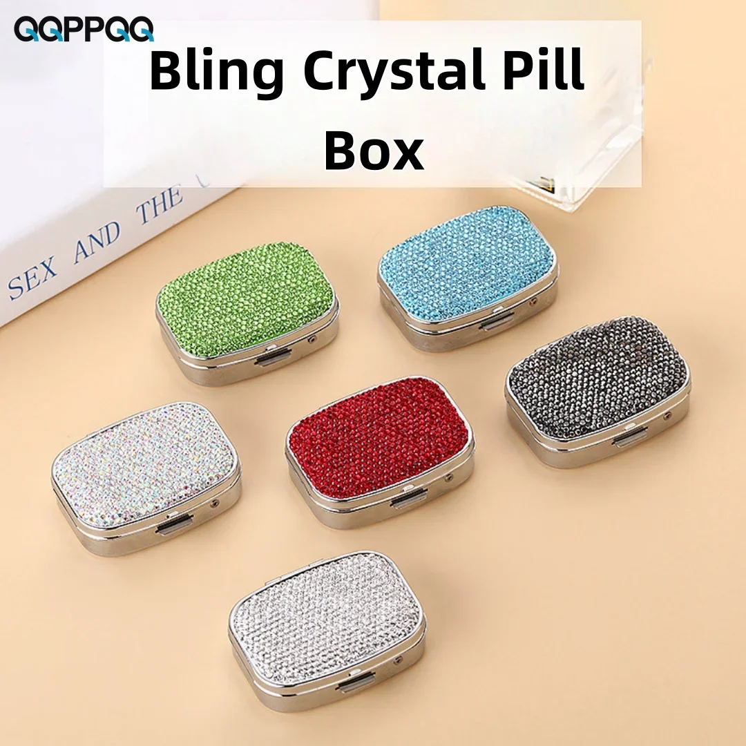 1PC Bling Crystal Pill Box, Portable 2 Compartments Daily Pill Organizer, Small Travel Pill Case for Purse or Pocket, Pocket