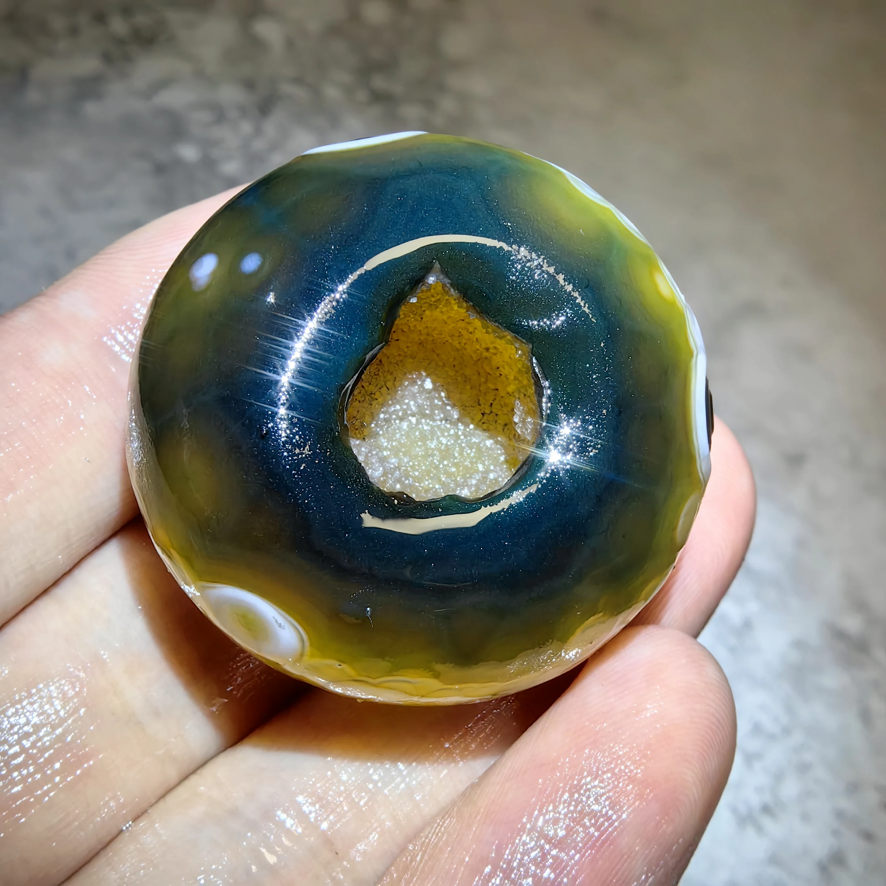 Vibrant Green Yellow Striped Agate Egg Natural Concentric Layered Stone Polished Oval Shape for Display, Unique Geological A
