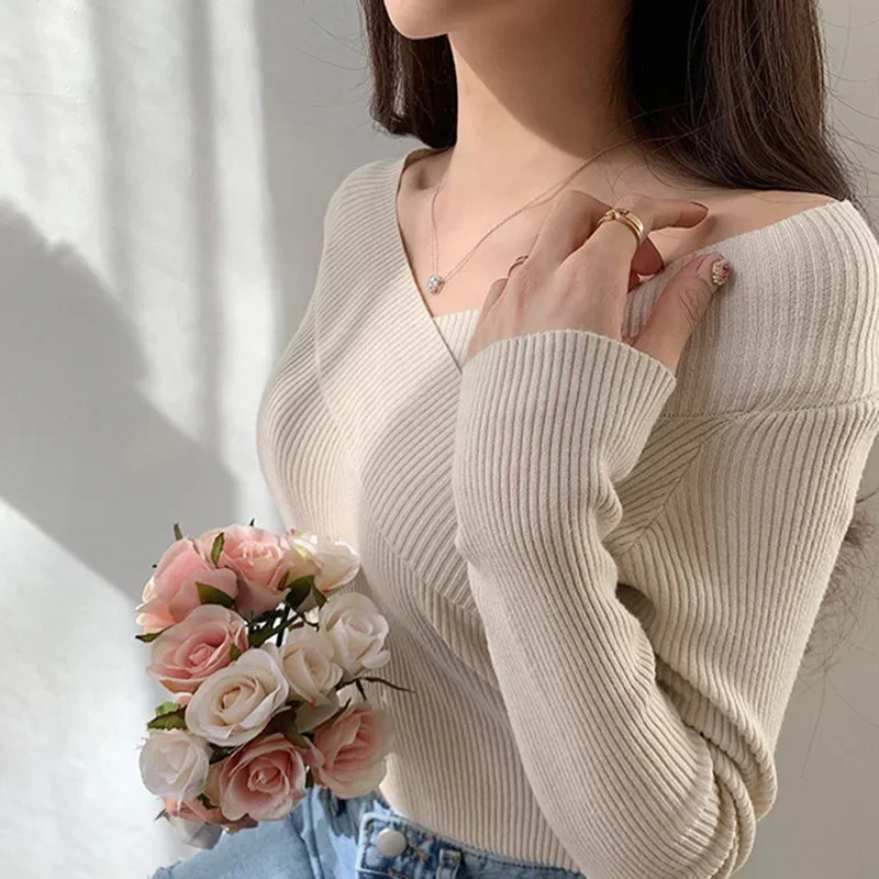 Women Sweater Knitted Pullovers Autumn Winter V-neck Slim Fit Bottoming Shirt Soft Knitwear Jumpers Basic Sweaters Off Shoulder