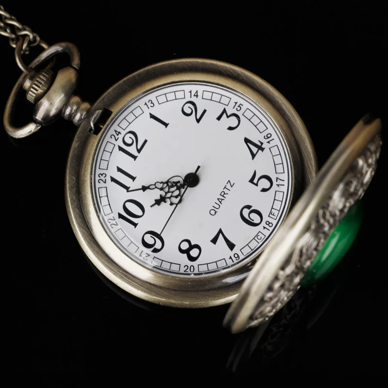 Steampunk hueco verde cristal Esmeralda imitación piedra cuarzo reloj de bolsillo collar mujer Fob reloj joyería colgante cadena