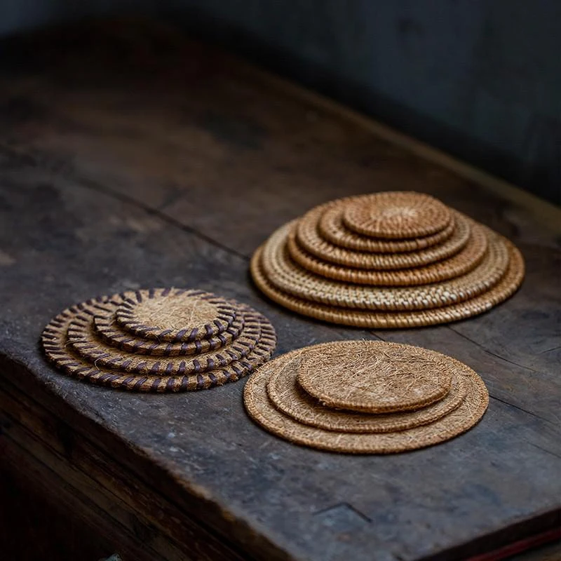Retro Home Decoration Living Room Tea Table Utensils Cup Holder Hand-Woven Rattan Coffee Cup Heat Insulation Pad Teapot Pallet