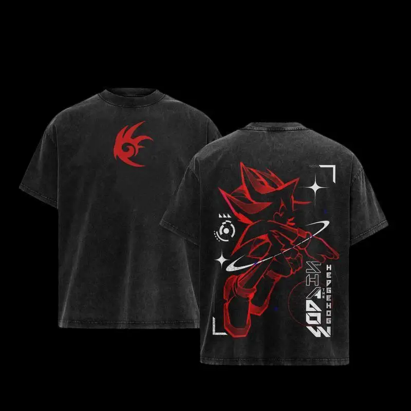 تي شيرت قطني Shadow the Hedgehog، تي شيرت برسومات عتيقة مغسول لمحبي لعبة Sonic the Hedgehog، تي شيرت مطبوع برقبة دائرية Oversi #1