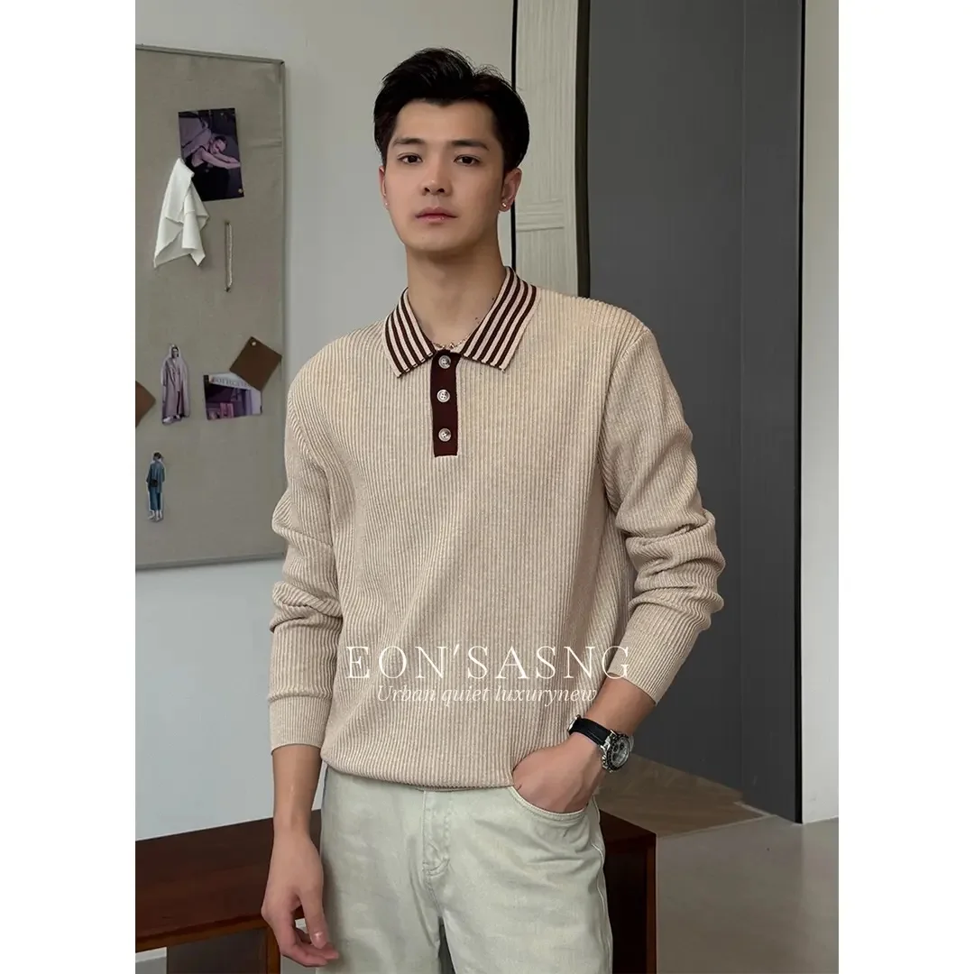 Autumn Striped Retro Long Sleeved Knitted Polo Shirt Men Casual Business Knit Sweater Versatile Social Office Knitwear Tops