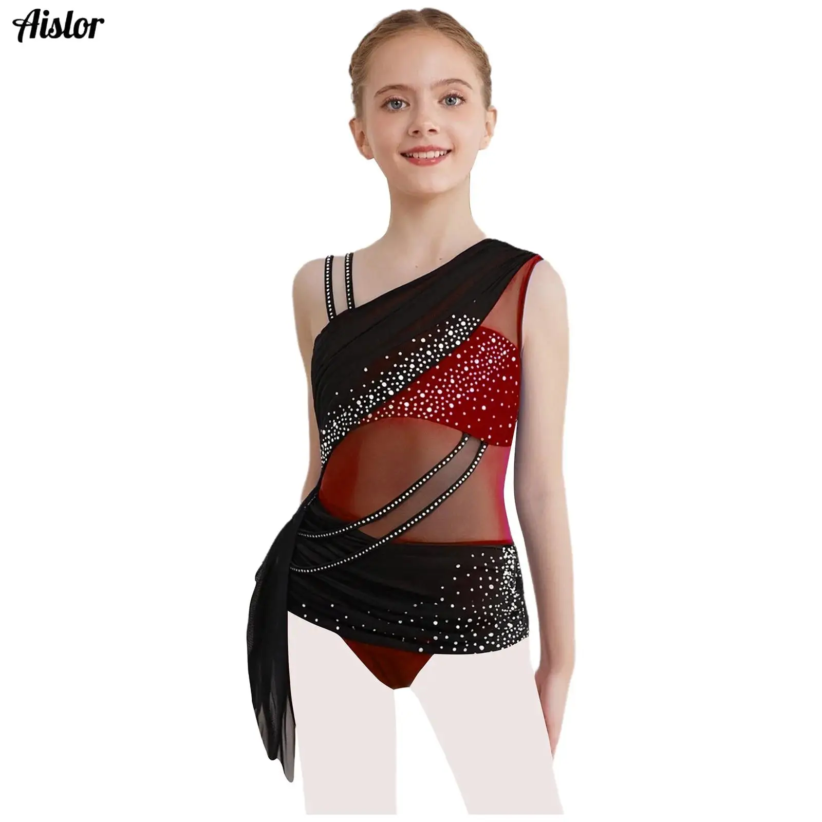 Kids Girls Lyrical Dance Costume Sheer Mesh Ruched Overlay Asymmetrical Glittery Rhinestones Leotard Dress Jazz Latin Dancewear