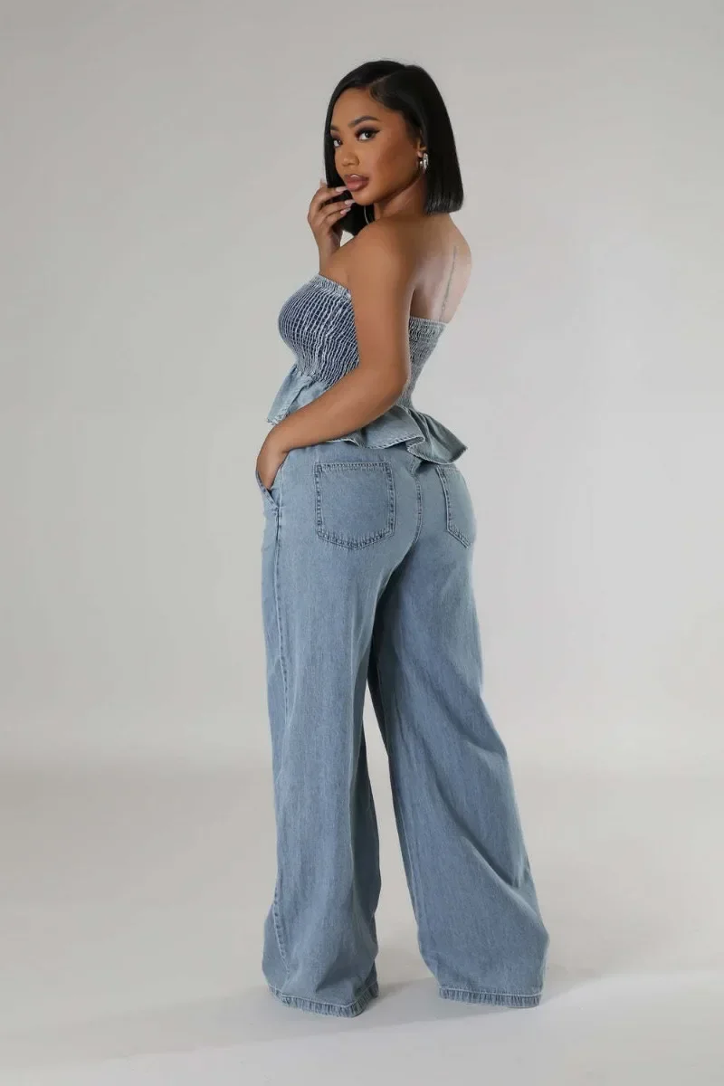 Women Fashion Denim 2 Piece Set Ruffles Hem Elastic Strapless Crop Tops + Wide Leg Pants Casual Jeans Suit Casual Streetwear