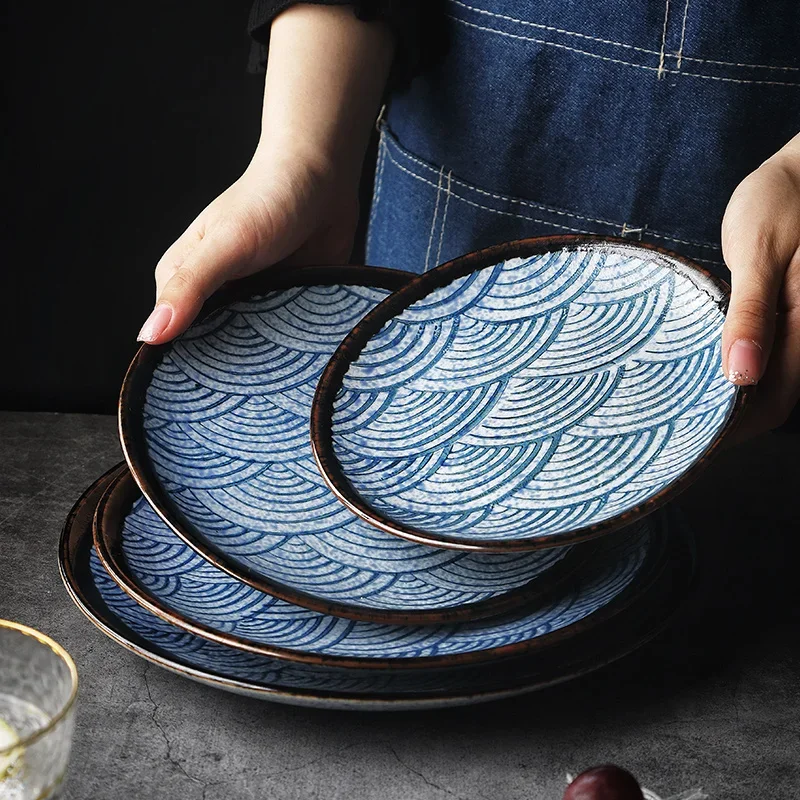 

KINGLANG Japanese Traditional Sea Ripple Design Blue Color Single Ceramic Tableware Sushi Round Plate Rice Big Noodle Bowl