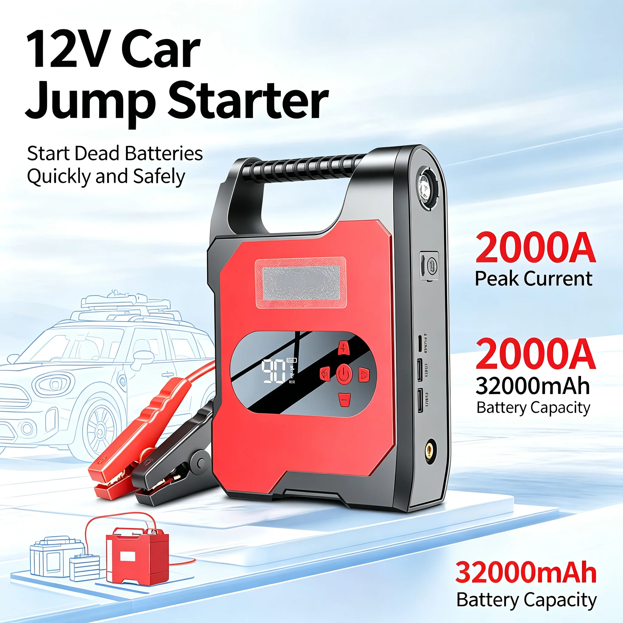 Car Battery Jump Starter 12V 2000A Portable Power Bank Booster Supply  Automotive Air Compressor Tire Inflator Vehicle Charger
