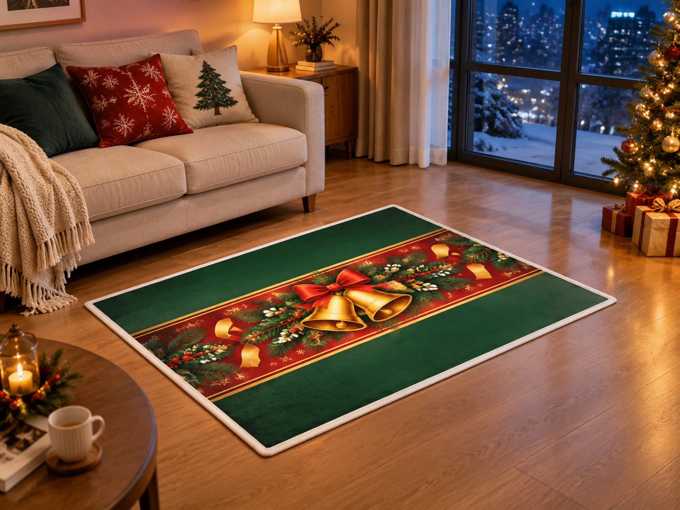 VIKAMA Christmas Emerald Red Bell Flannel Door Mat, Washable Quick Dry Xmas Mat, Xmas Decor for Laundry, Playroom, Dining Room