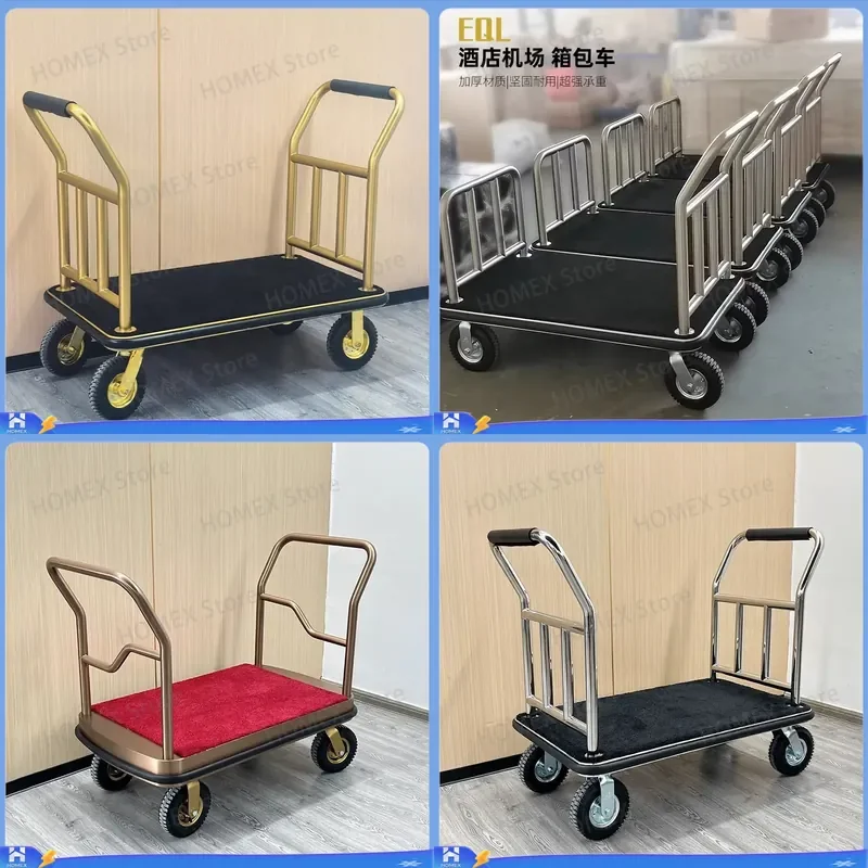 Luxury Rose Gold Stainless Steel Luggage Cart Silent Airport Hotel Trolley Hand Push Flat Bed Shopping Mall Transporter