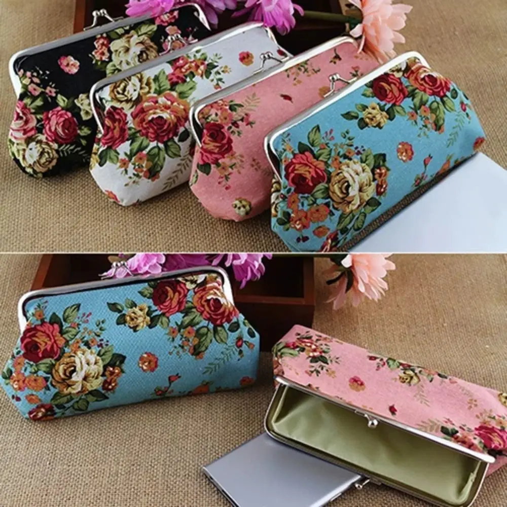 Portable Retro Long Kiss Lock Wallet Vintage Flower Credit Card Holder Coin Purse Floral Small Wallet Money Clutch Bag Outdoor