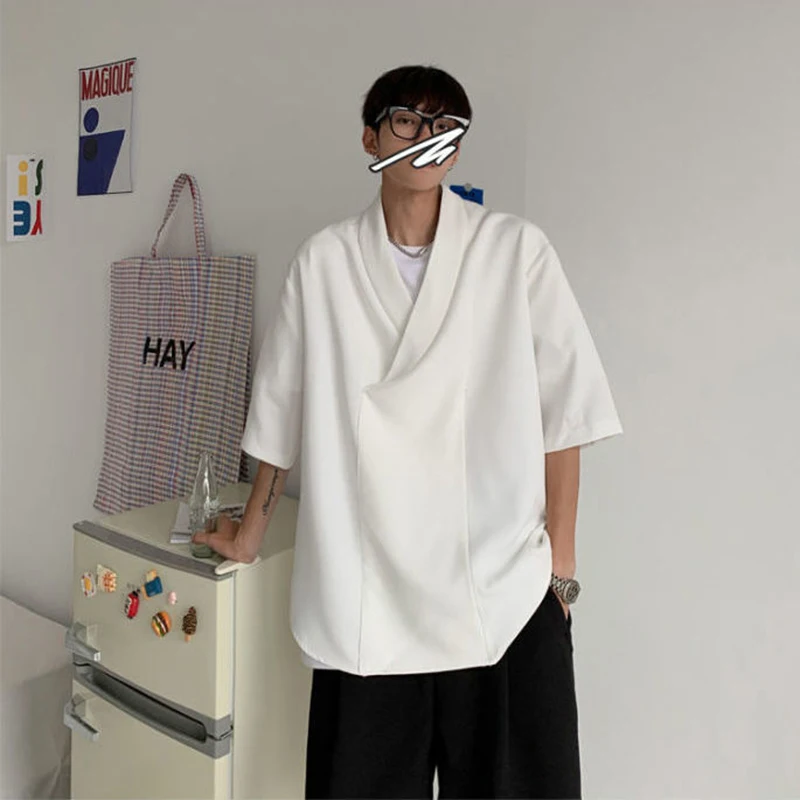 Japanese Style Streetwear Thin Oversized Summer V Neck Short Sleeve Men Sweatshirt Fashion Harajuku Casual T Shirt White Black