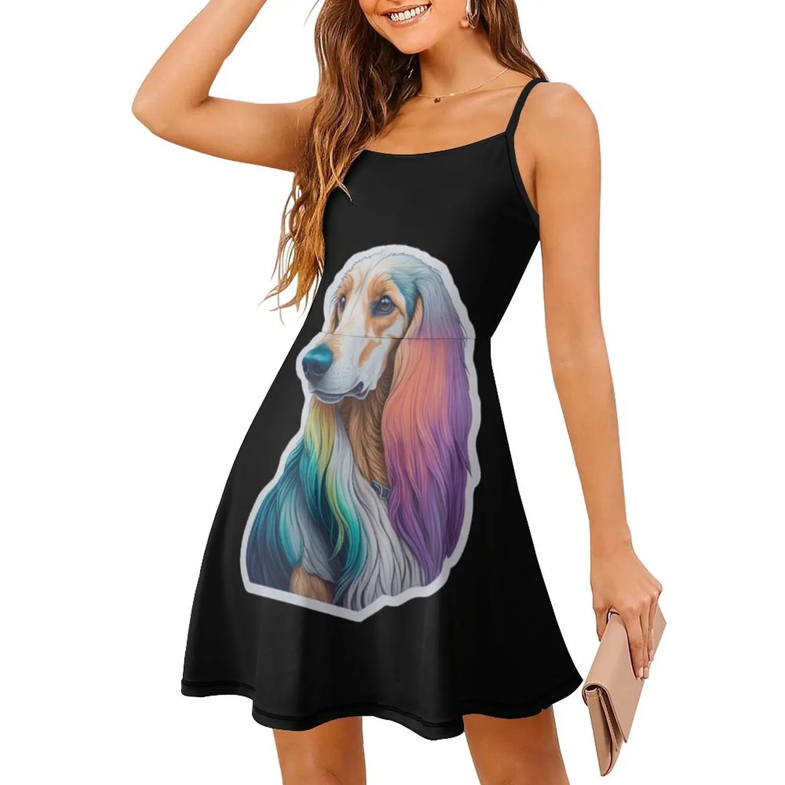 فستان قصير رائع لطيف على طراز كلب الصيد الأفغاني على طراز Preppy للنساء على شكل حرف a فضفاض مناسب فستان يوم غير رسمي كلب أفغاني لطيف رائع #3