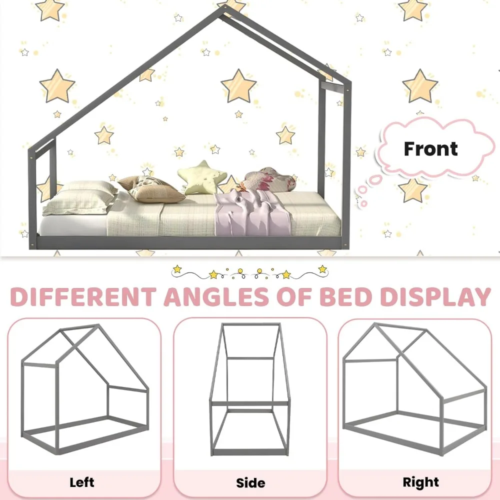 Marcos de cama de tamaño completo con techo para niños, forma de casa de madera Montessori, estructura resistente, fácil montaje, sin ruido