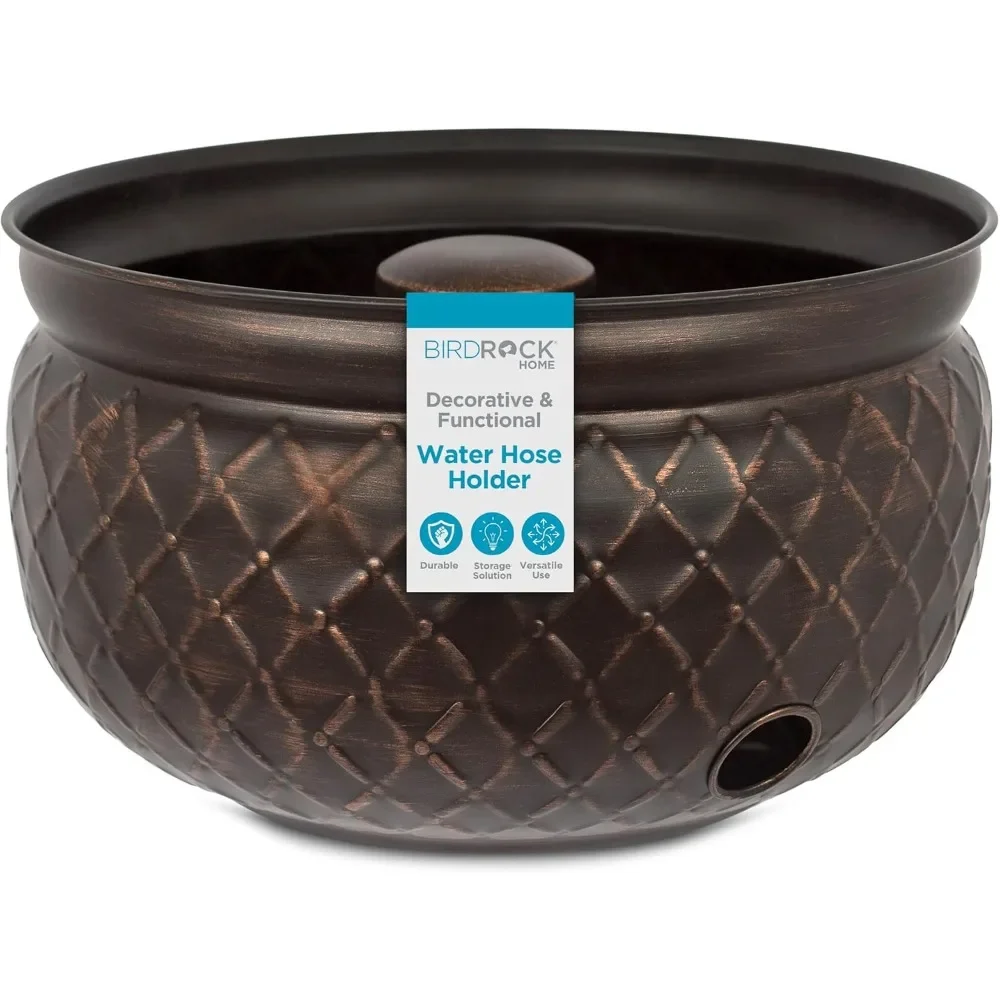 

Water Hose Holder - Decorative Metal Pot, Indoor or Outdoor, Garden Storage Organizer, Patio Portable Bucket - Embossed Steel w