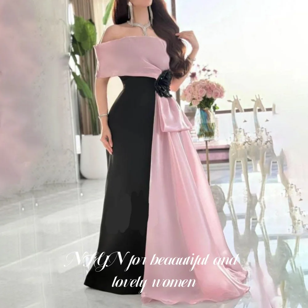 

NFYN Black Evening Dresses Off the Shoulder Satin Prom Dresses A Line with Pleats Prom Gowns for Party Evening Gown Customized