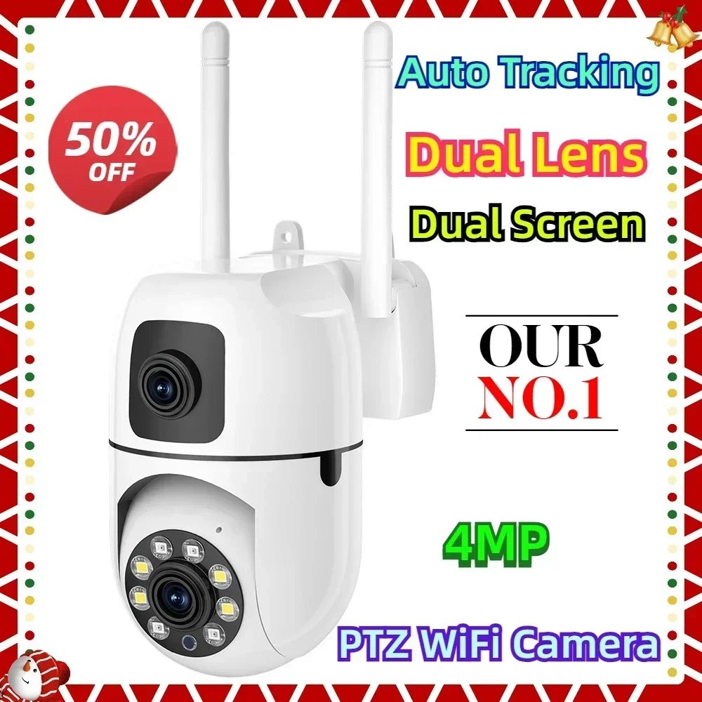 Dual Lens Dual Screen  4MP PTZ WiFi Camera HD IP Camera Outdoor Surveillance Cam Auto Tracking Security Protection CCTV