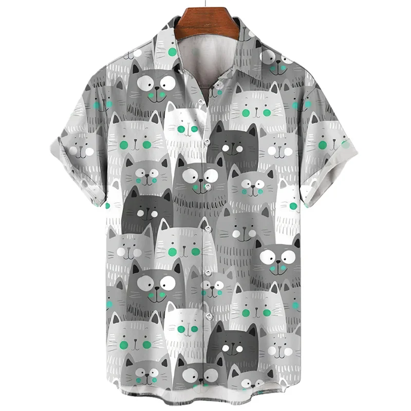 Kawaii Cat 3d Print Men's Shirt Fashion Short Sleeve Clothing Streetwear Casual Funny Animal Graphic Shirt Summer Button Blouse