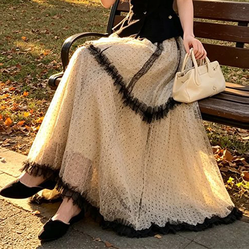 Elegant temperament suit neck vest top women's autumn dating flocked polka dot lace skirts for women