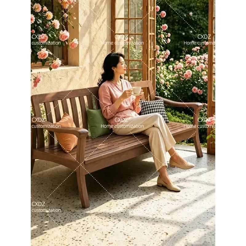 Solid Wood 3 Seater Sofa Straight Bench for Hotel Balcony Garden Indoor Outdoor Living Room Furniture Winter Summer Use