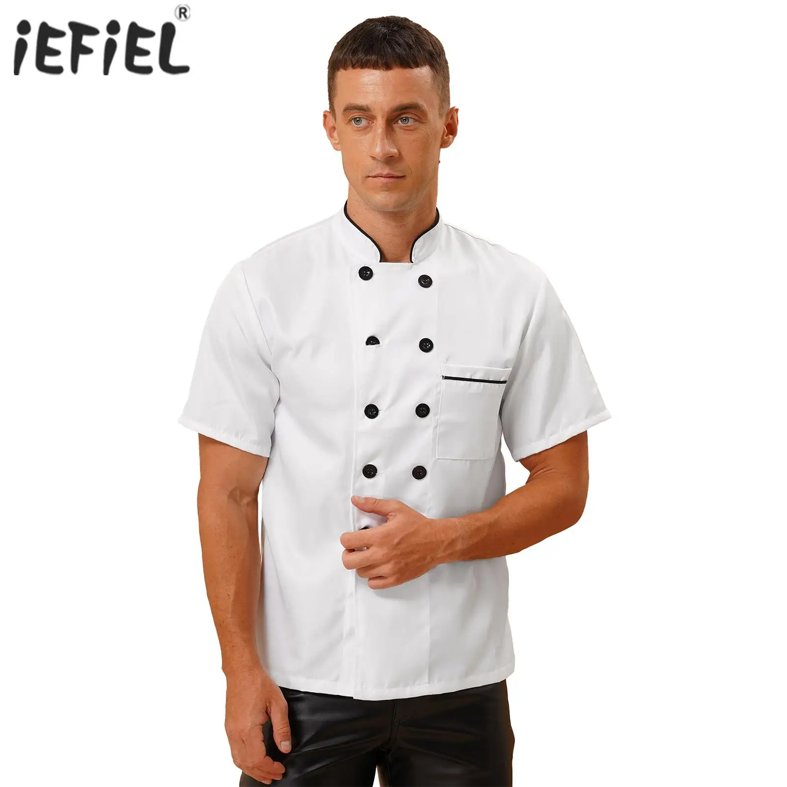 Mens Breathable Mesh Chef Tops Uniform Stand Collar Food Service Work Wear Short Sleeve Button T-shirt Kitchen Cooks Costume