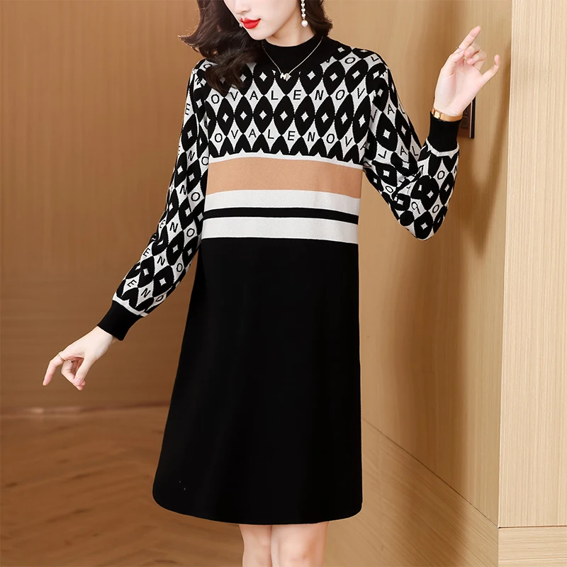 

Elegant Dresses for Women Autumn Winter New Long Sleeve Knitted Dress Vintage Houndstooth Bandage Fashion Sweater Dress Belt