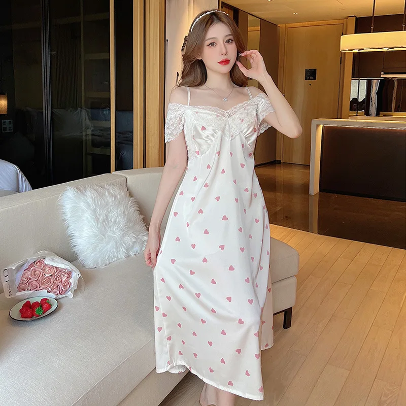 Spring Summer Black Sleepwear Sexy Lace Off Shoulder Nightgown French Women Long Nightdress Bathrobe Loose Satin Home Dress