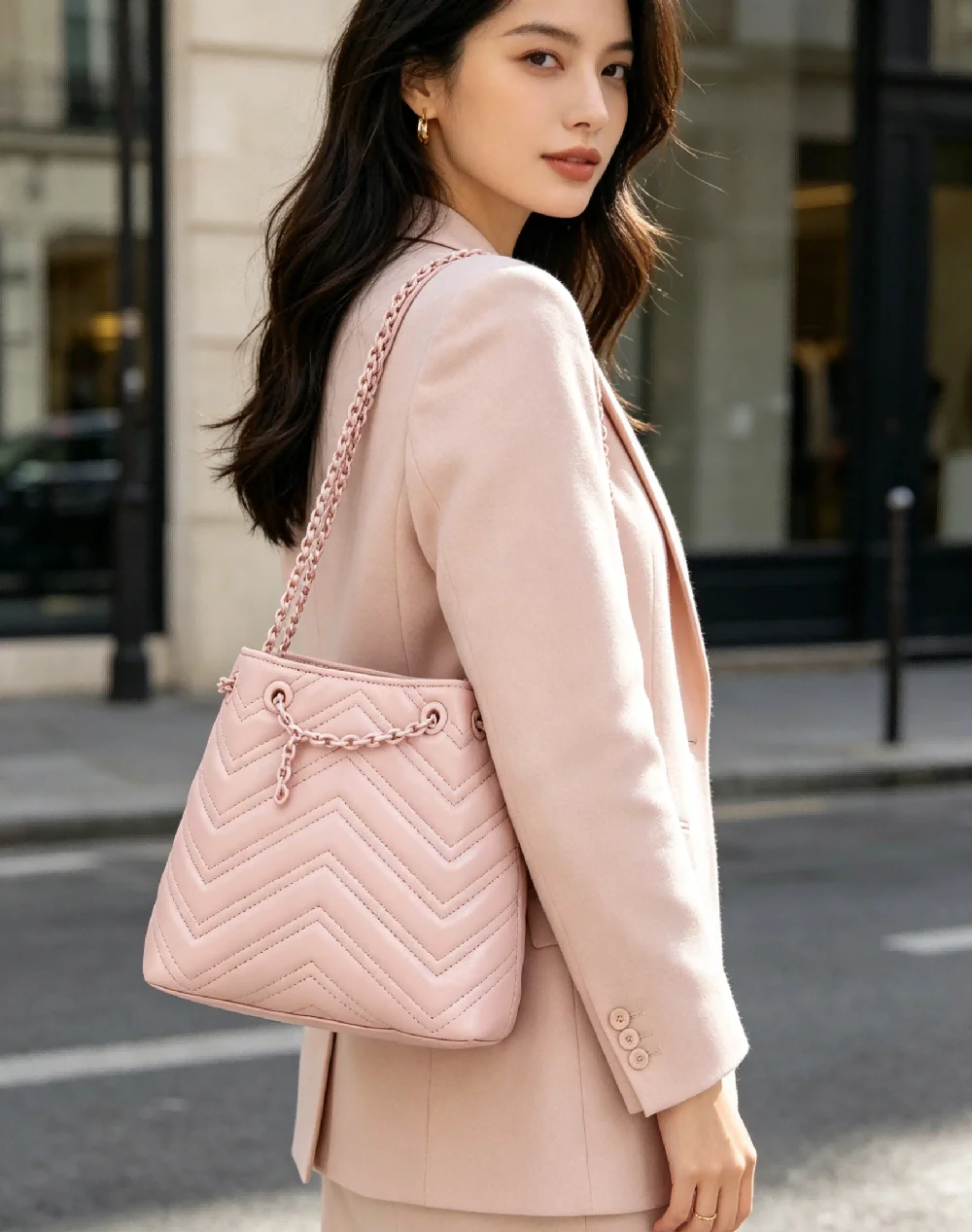 Refined Pink Quilted Hobo Bag with Gold Chain, Soft Texture for Sophisticated Daily Wear and Coffee Dates