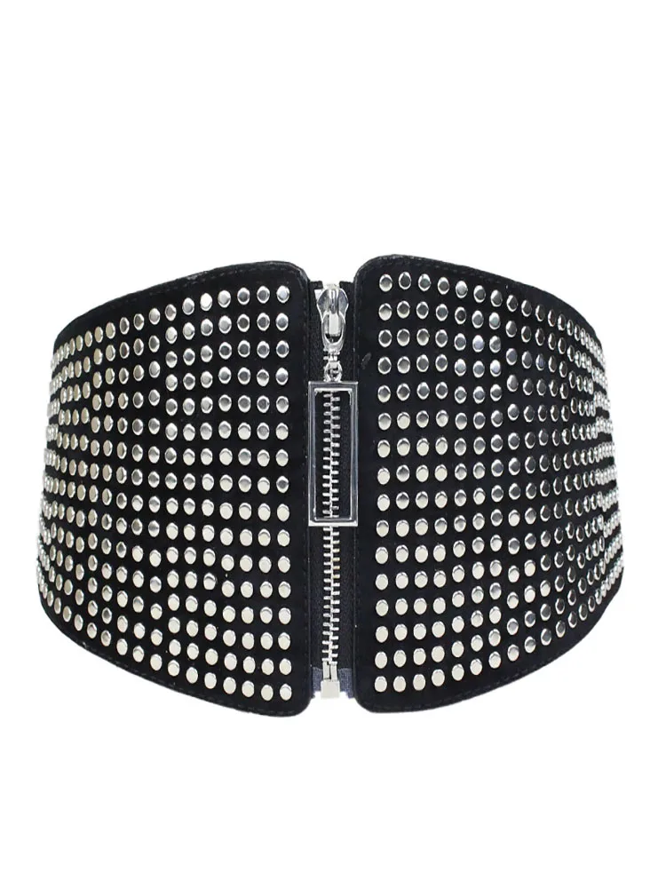 Широкий эластичный корсетный пояс в стиле панк с инкрустацией заклепками, женский пояс в готическом стиле, большие размеры, эластичные пояса, большие дизайнерские ремни для женщин, пояс