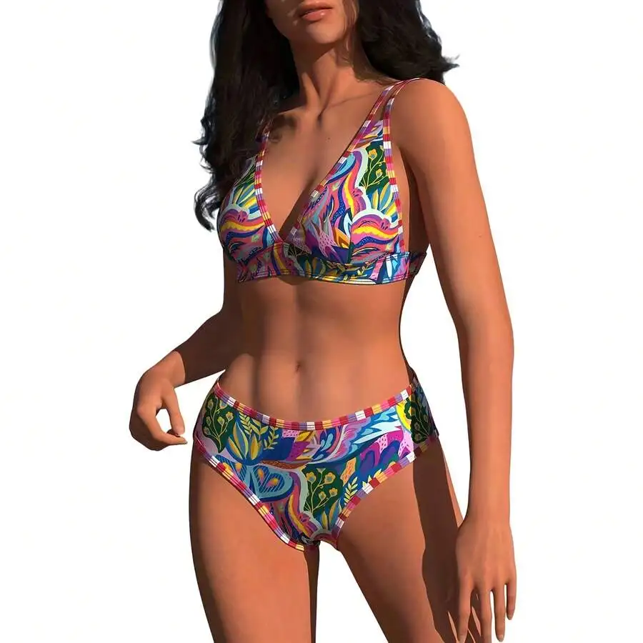 

Floral Print V Neck Two Piece Bikini Set Women High Waist Adjustable Strap Swimsuit