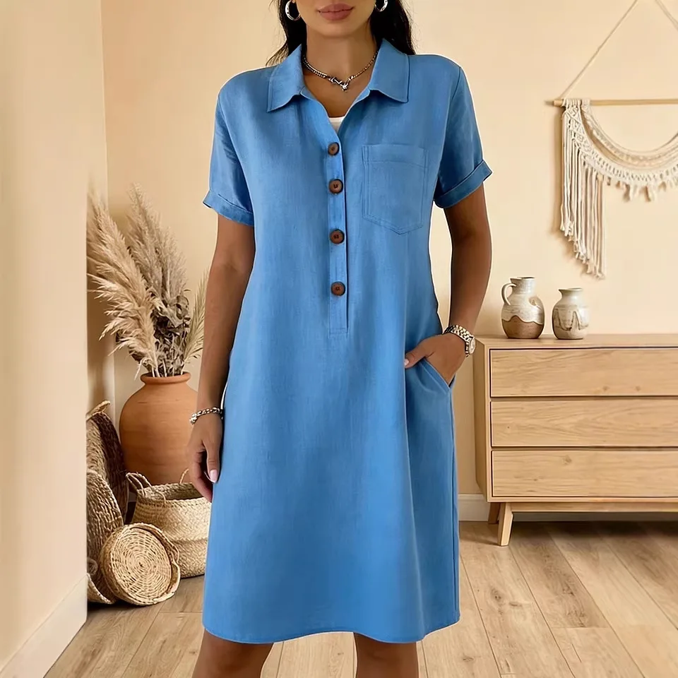 Lapel-breasted Solid Color Short-sleeved Pocket Elegant Commuter Dress Women Summer New Casual Comfortable Daily All-match Dress