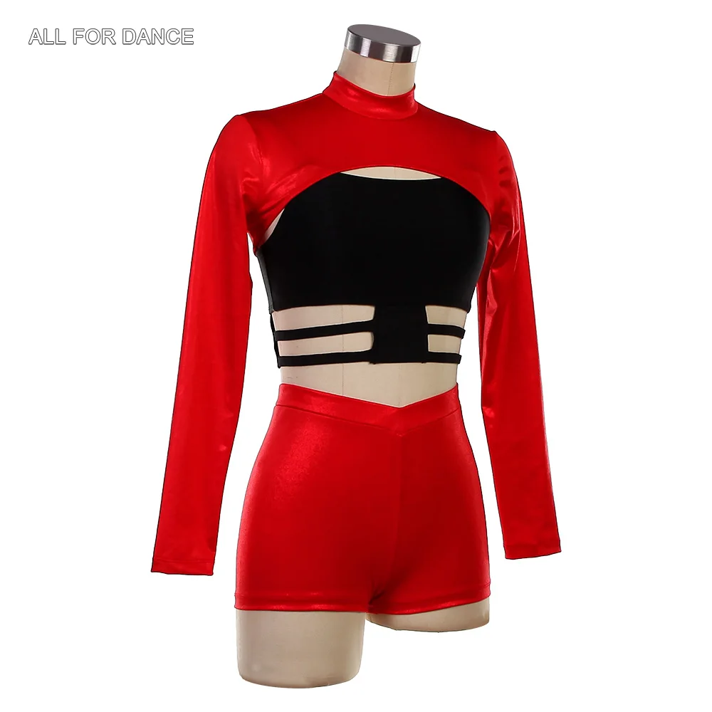 26096 Maniche lunghe Nero e Rosso 2 in uno Corpetto in spandex Abiti da balletto Ragazze adulte Balletto e jazz e costumi di danza del rubinetto