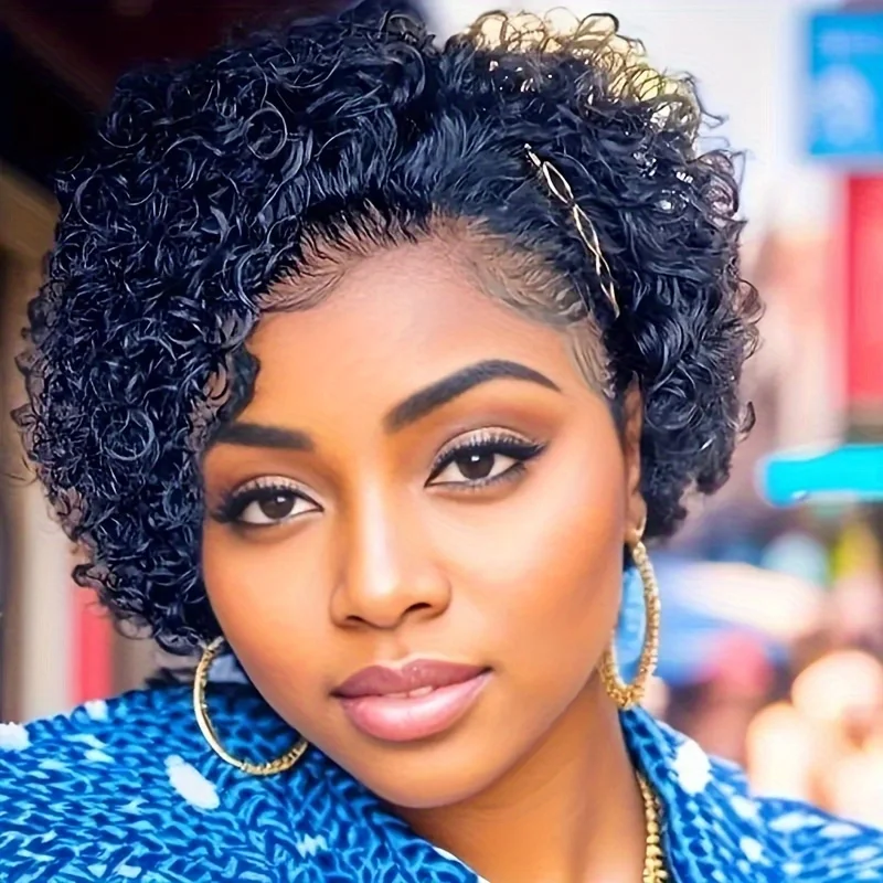 Pixie Cut Wig for Women - Short Bob Curly Human Hair with Transparent Lace Water Deep Wave 180% Density