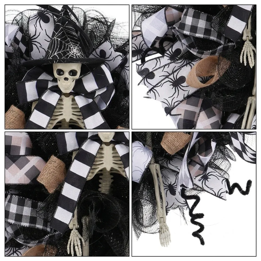 Halloween Door Hanging Ornament Featuring Witch Hat and Skull Mesh Design for Indoor Outdoor Spooky Seasonal Decoration
