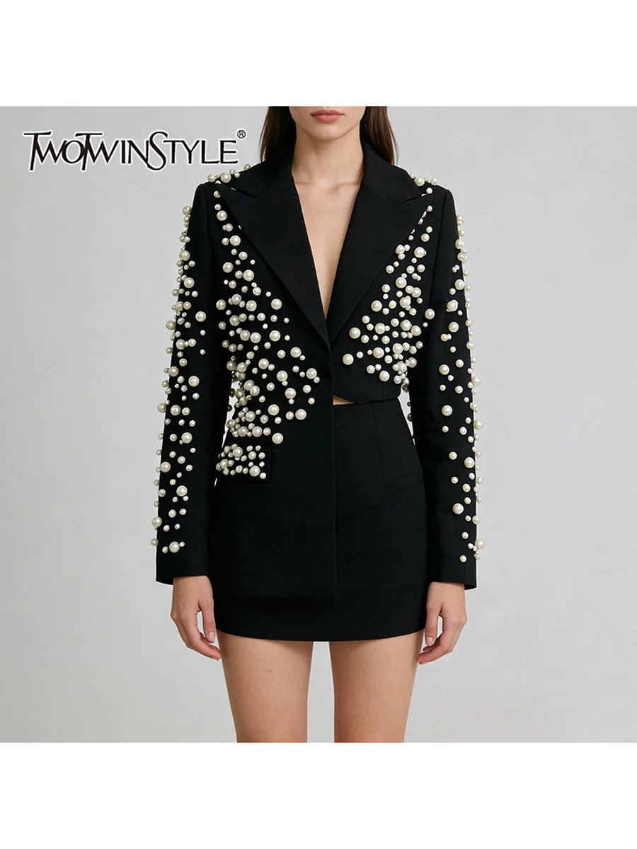TWOTWINSTYLE Luxurious Suit Two Piece Sets for Women Lapel Long Sleeves Spliced Bead Blazer High Waist Mini Skirt Set Female New